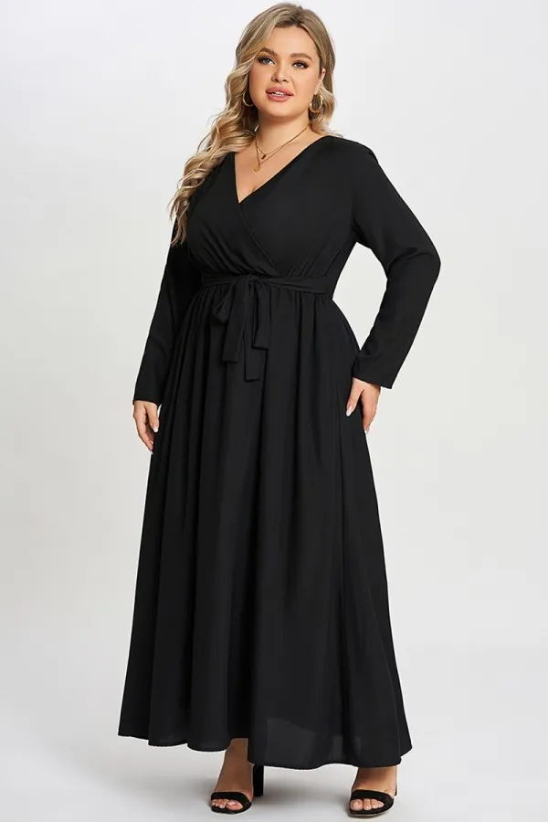 Solid Black Pocket Knotted Wrap Women Dress