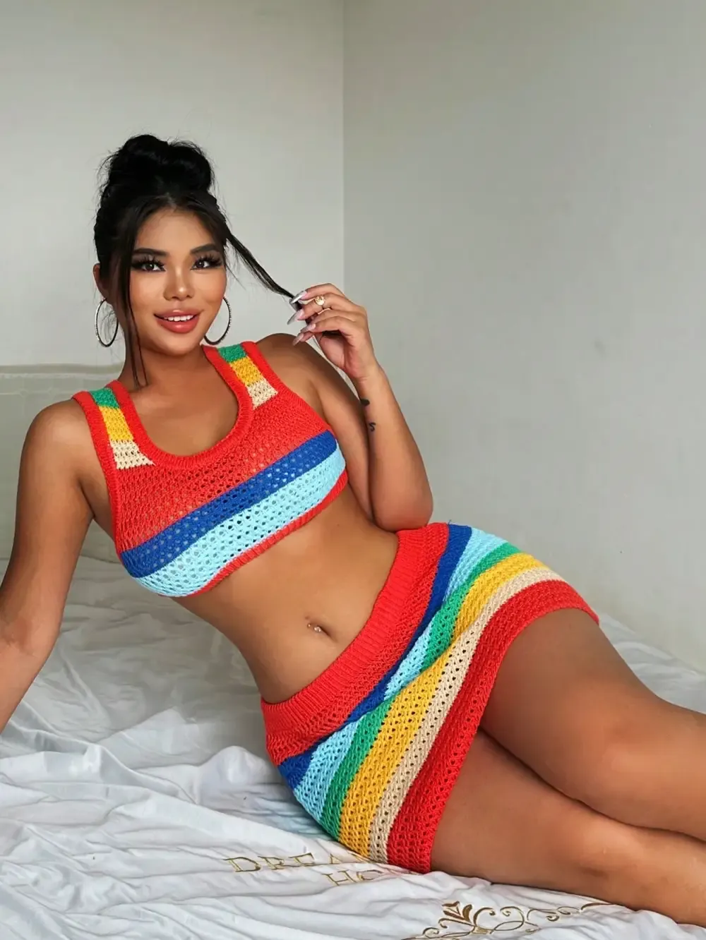 Women's Colorful Stripe Knitted Vest And Short Skirt Set