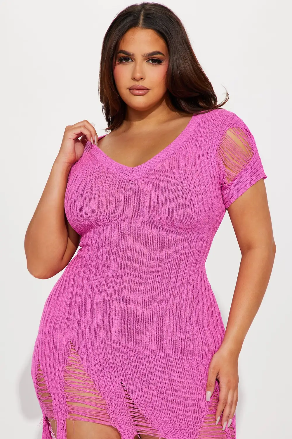 Distressed Sweater Midi Dress - Pink
