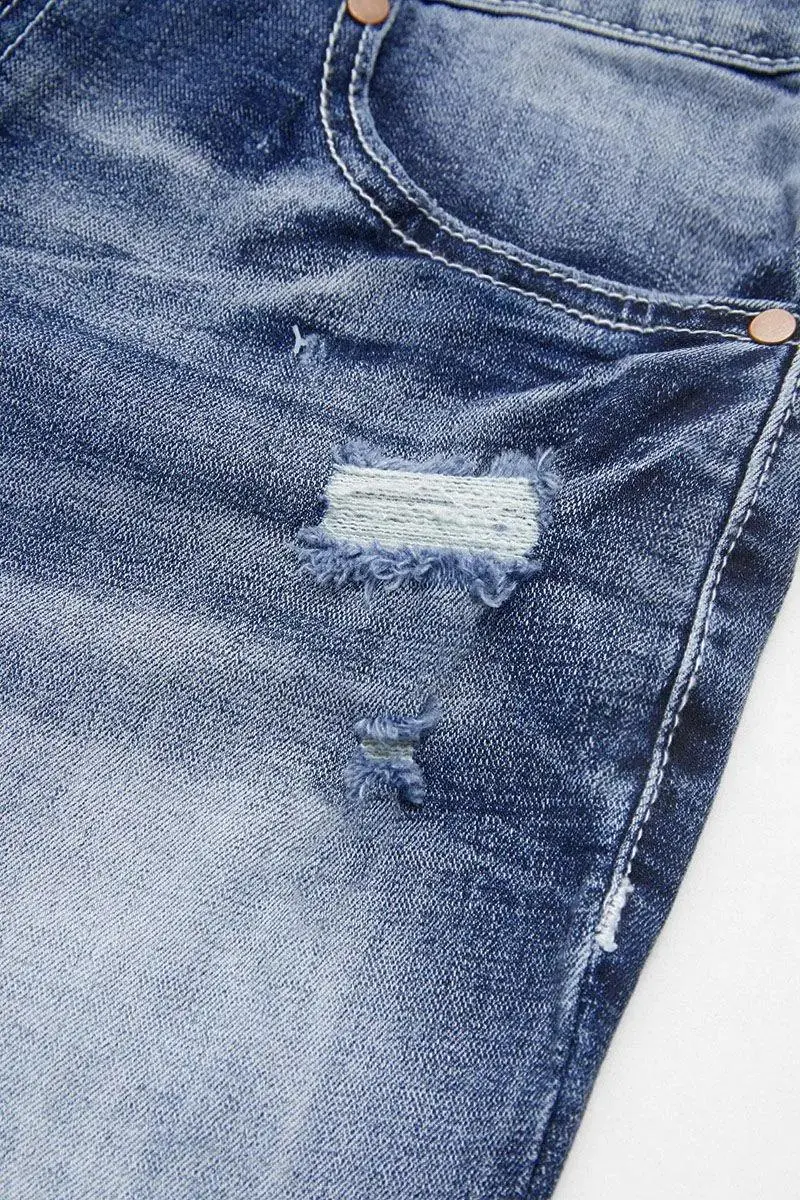 Wash Double Button Ripped High Rise Bermuda Denim Shorts