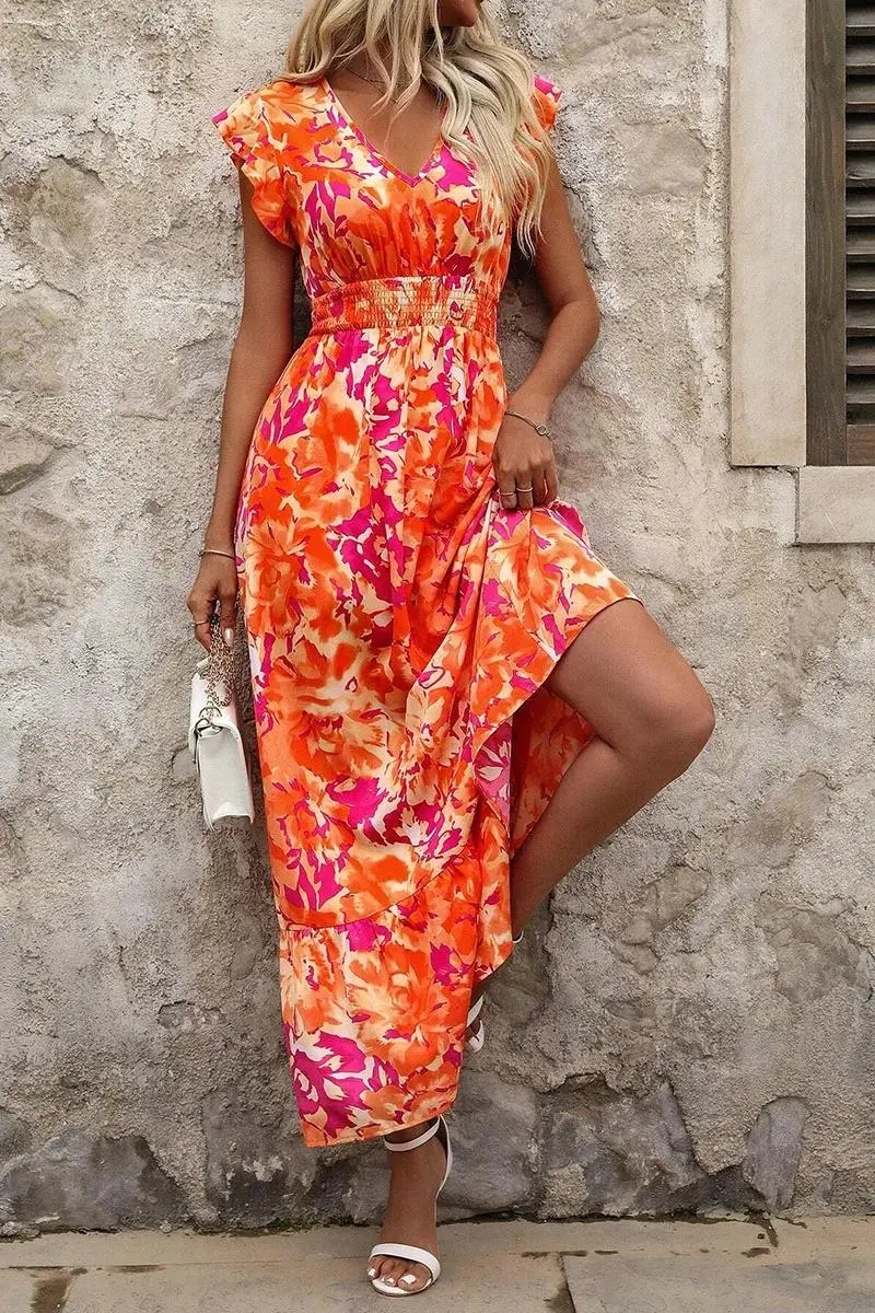 Floral Print Smocked Ruffle Sleeve V Neck Maxi Dress