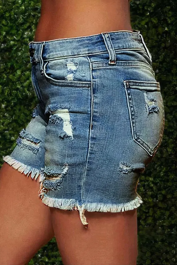 Raw Hem Ripped Low Rise Denim Mid Thigh Shorts