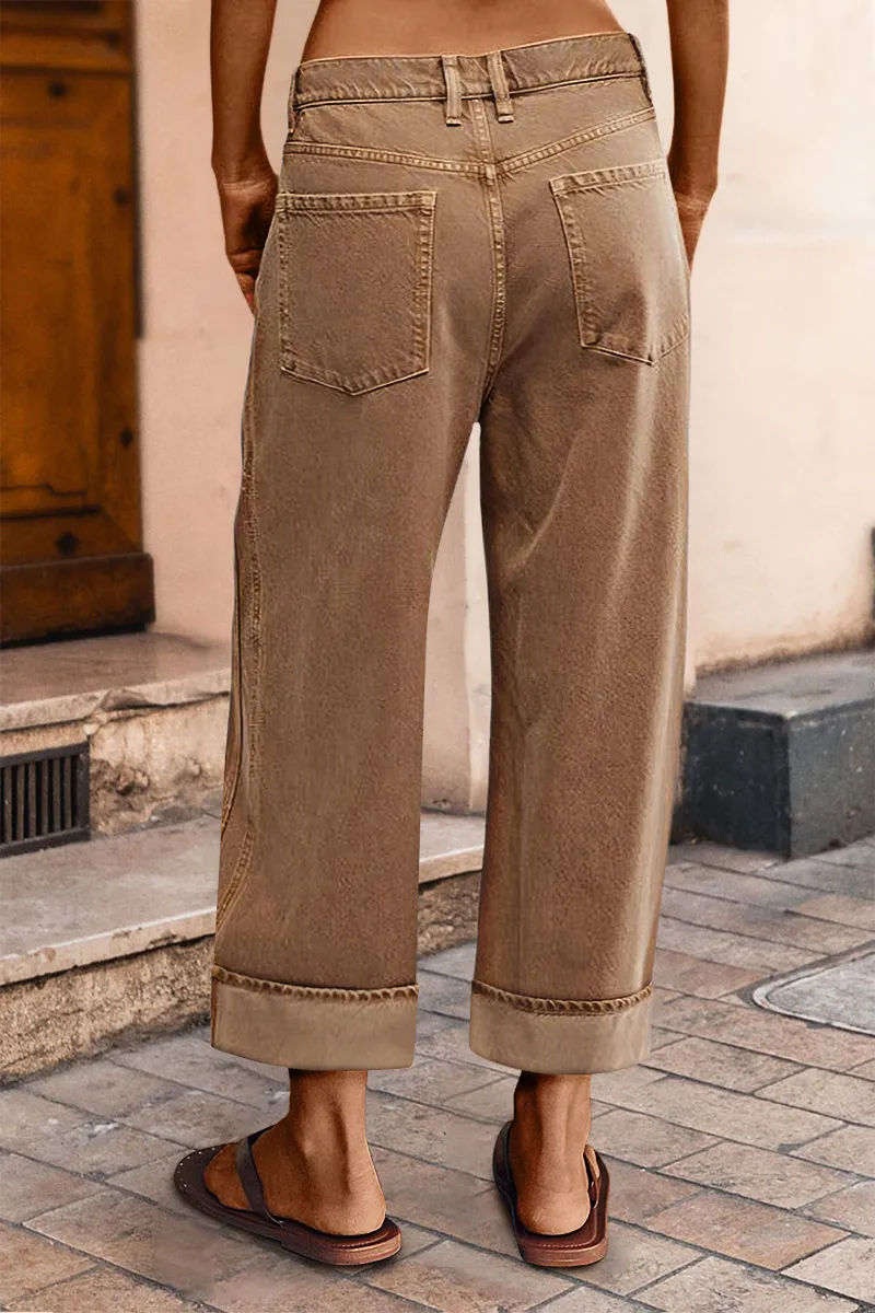 Seam Side Layered Pocket Roll Hem Mid Rise Wide Leg Pants