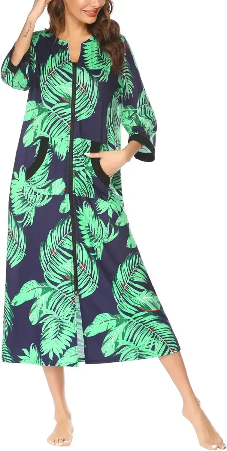 Women Zipper Robe 3/4 Sleeves Loungewear Dress Full Length Sleepwear Pockets Housecoat Nightgown Long Bathrobe