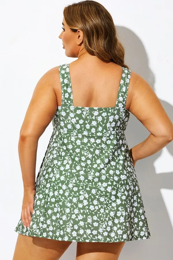 Mint Floral Ruched A-Line Empire Waist Swimdress