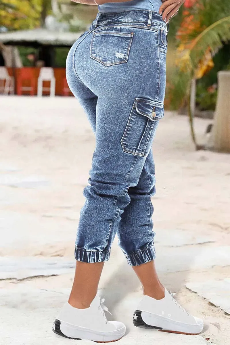 Wash Ripped Flap Pocket High Rise Cargo Jeans