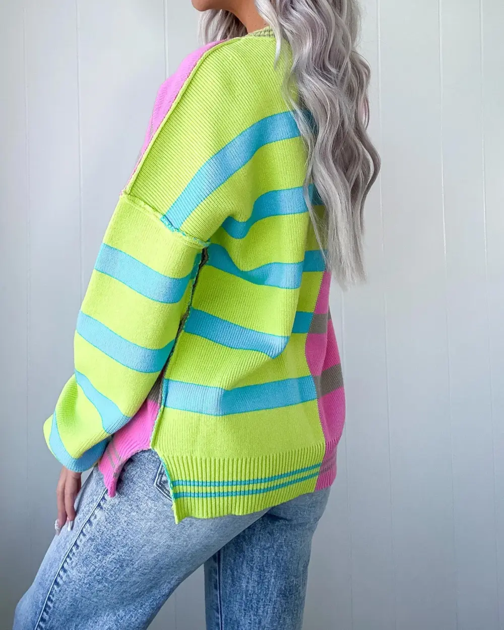 Colorblock Striped Sweater - Lime