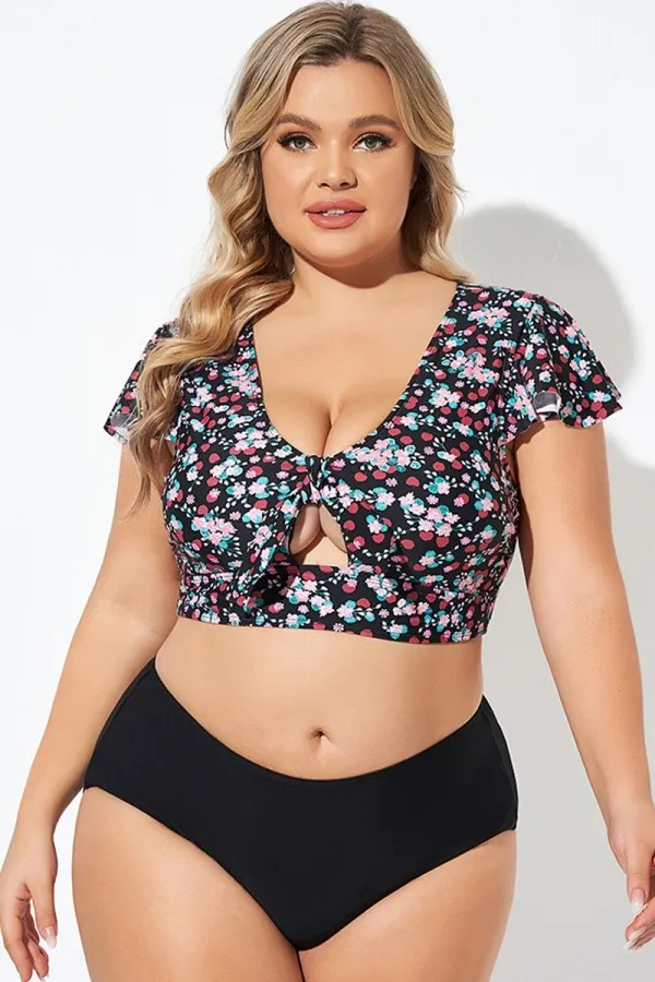 Classic Floral Print Knot Front Women Bikini Top