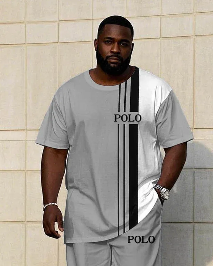 Men'S Big & Tall White & Grey Colorblock Short-Sleeved T-Shirt Trousers Set