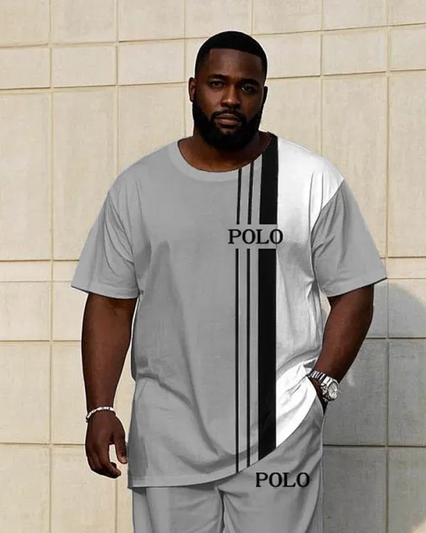 Men'S Big & Tall White & Grey Colorblock Short-Sleeved T-Shirt Trousers Set