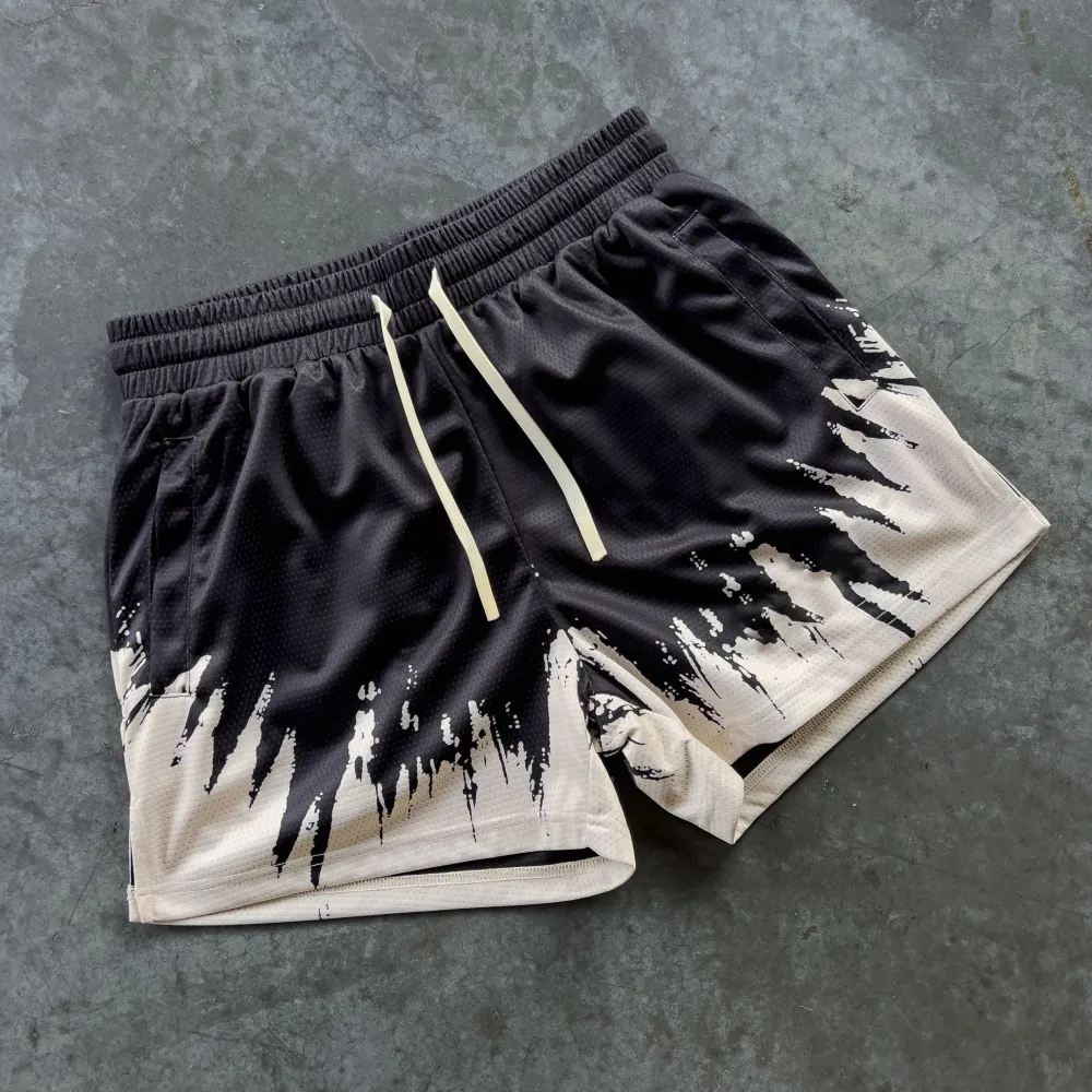 MUAY THAI SHORTS (MID THIGH CUT) SHATTER - BLACK / CREAM