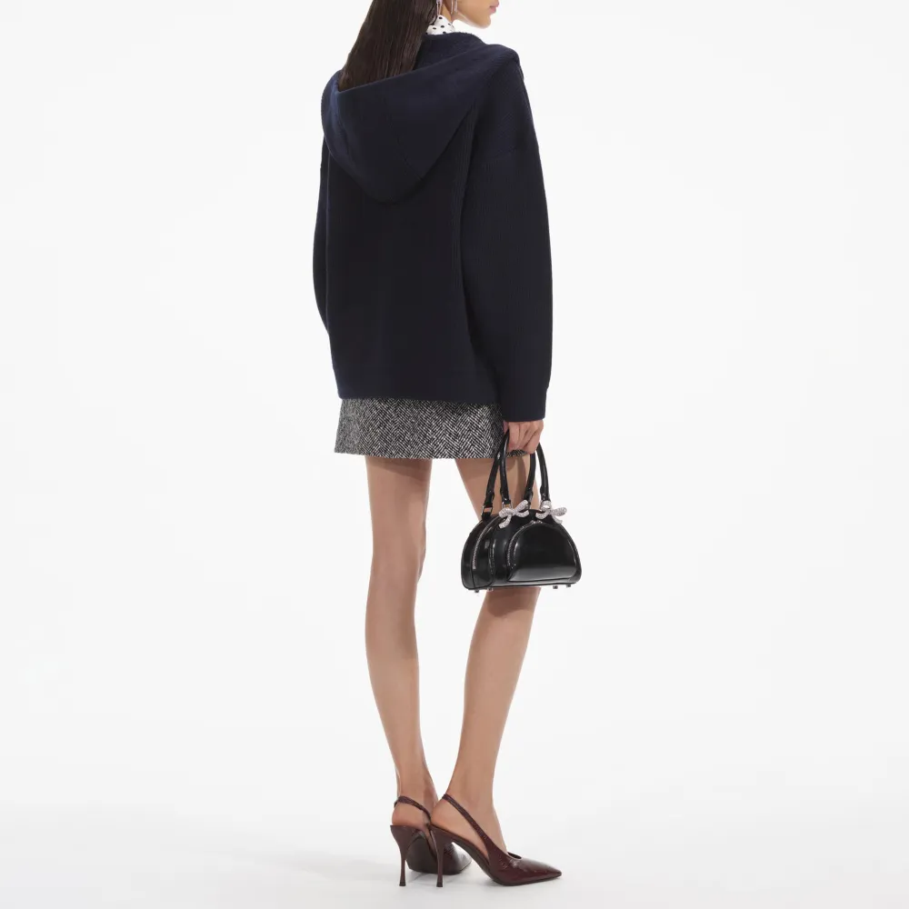 Navy Knit Diamante Trim Hoodie