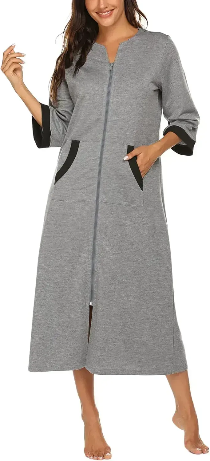 Women Zipper Robe 3/4 Sleeves Loungewear Dress Full Length Sleepwear Pockets Housecoat Nightgown Long Bathrobe