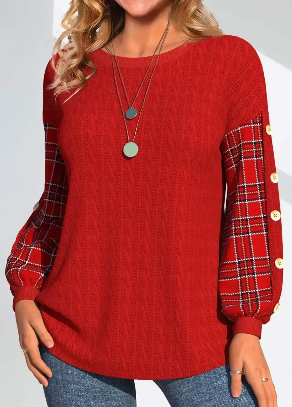 Red Button Plaid Long Sleeve Round Neck Sweatshirt