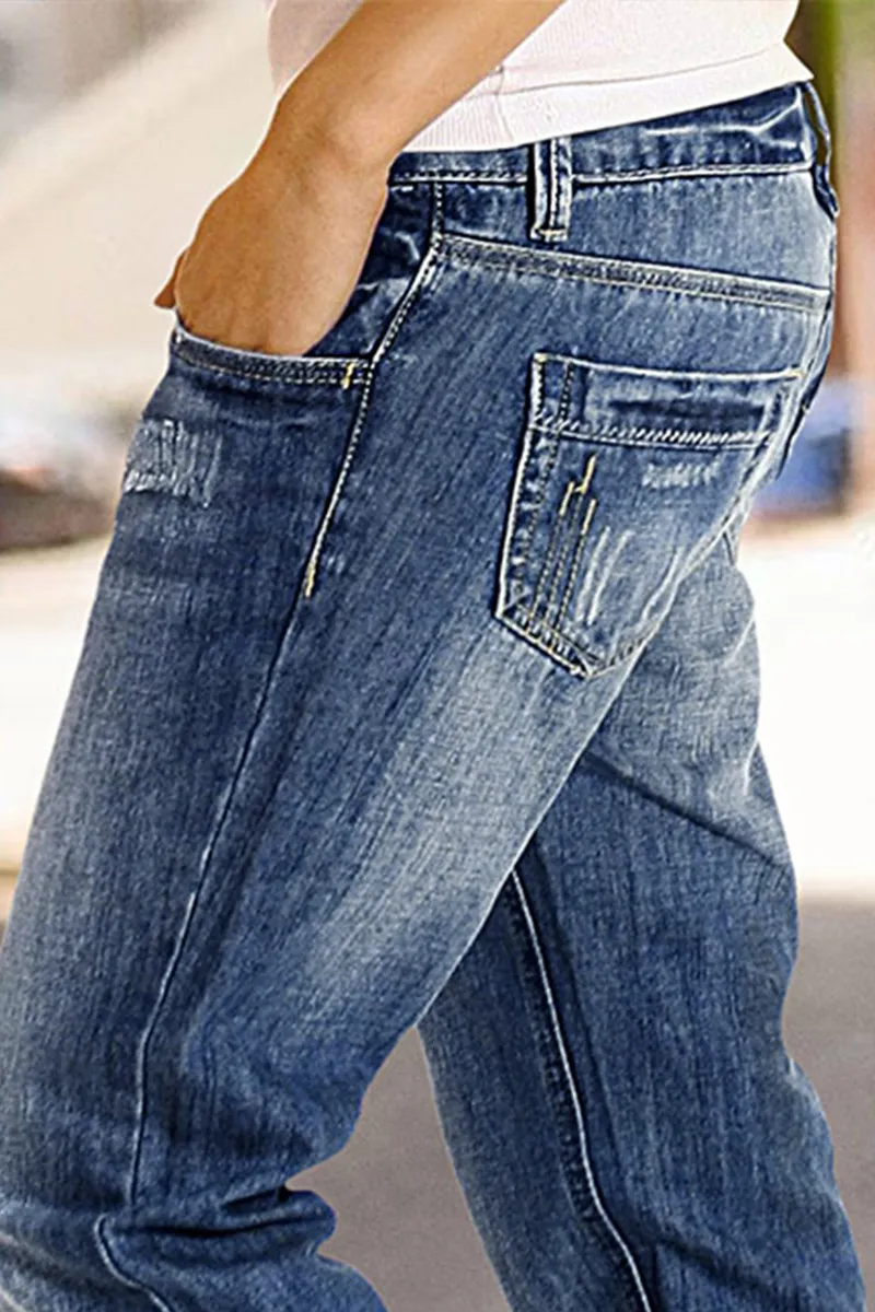 Wash Ripped Double Button Mid Rise Straight Leg Jeans