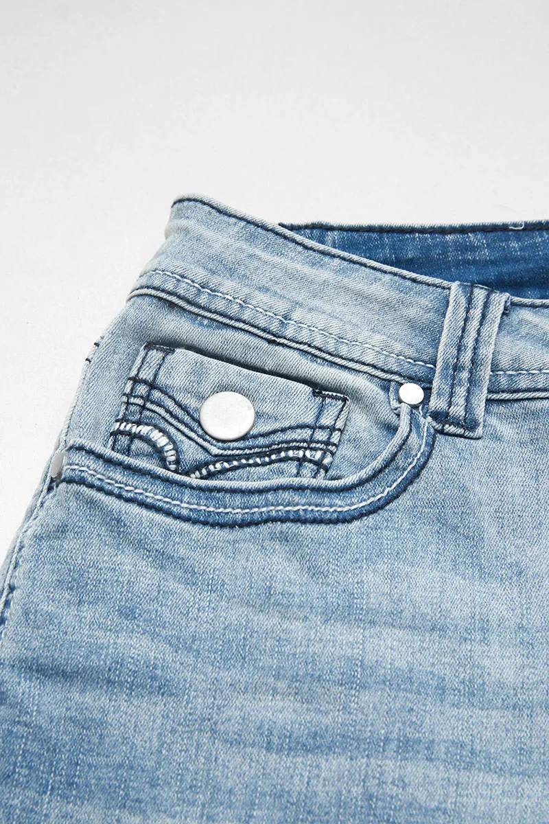 Raw Hem Stitch Detail Mid Waist Denim Shorts