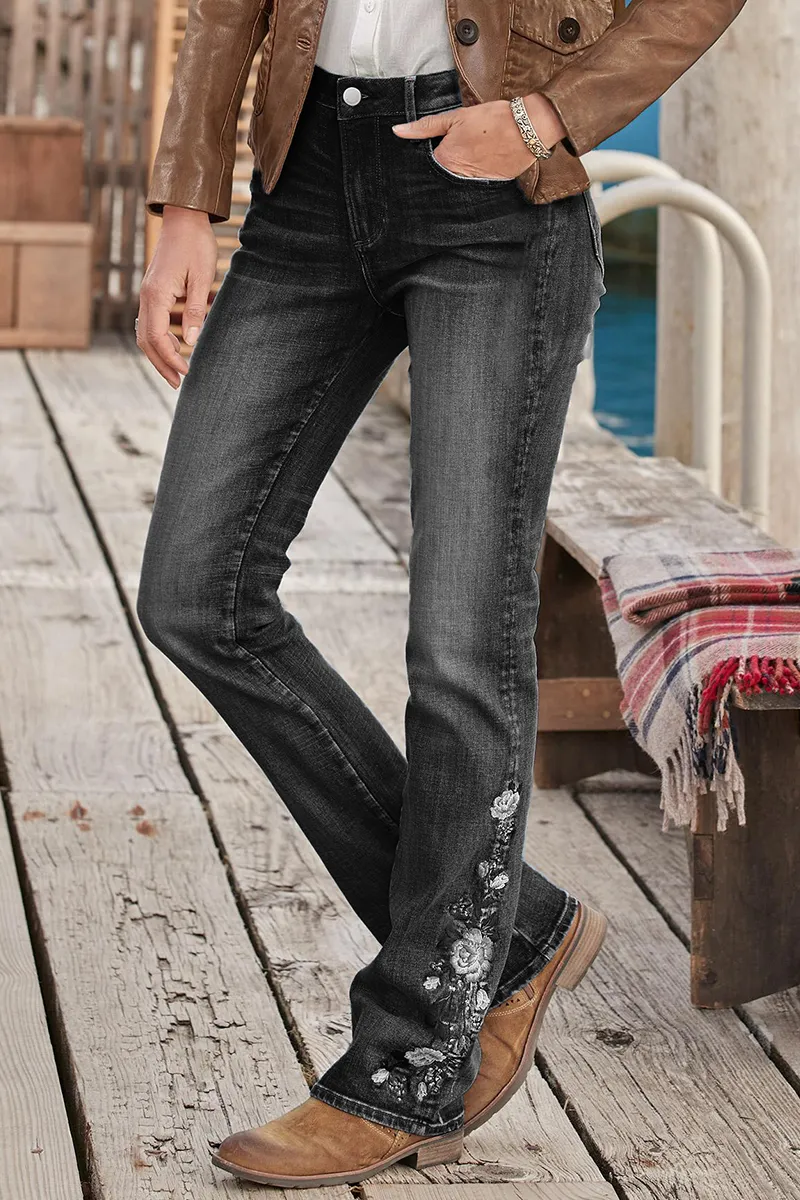 Washed Floral Embroidery Stretchy Mid Waist Bootcut Jeans