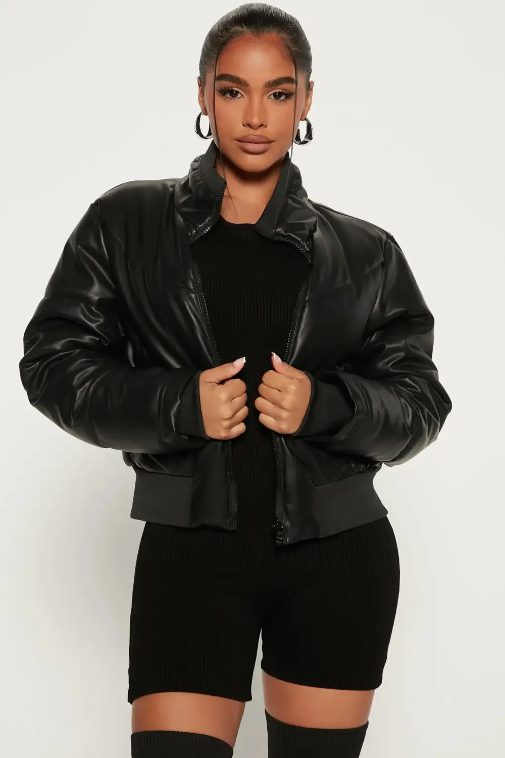 No Excuses Faux Leather Puffer Jacket - Black
