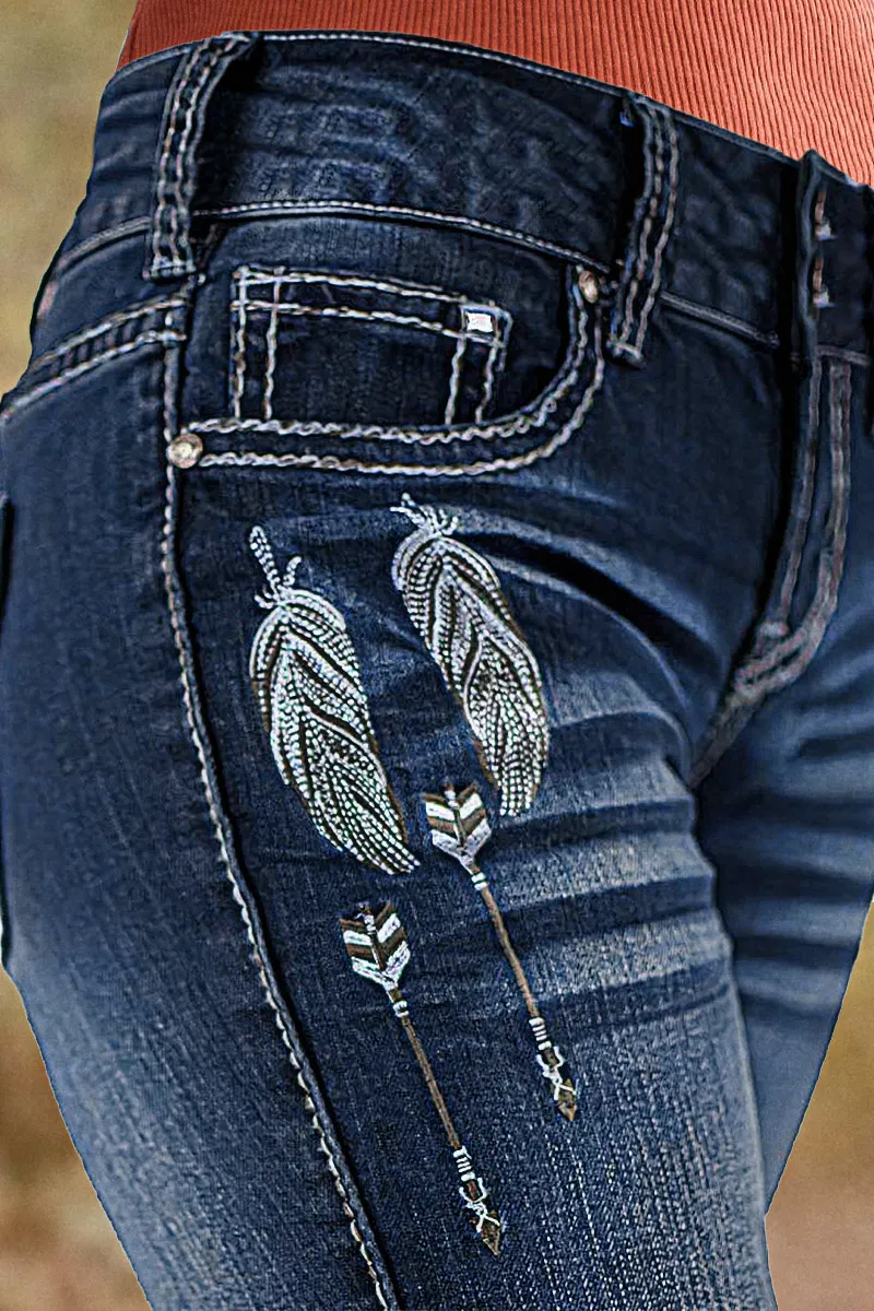 Feather Embroidery Split Hem Mid Waist Bootcut Jeans