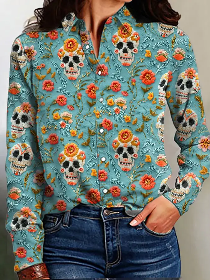 Women's Vintage Western Print Long Sleeve Shirt
