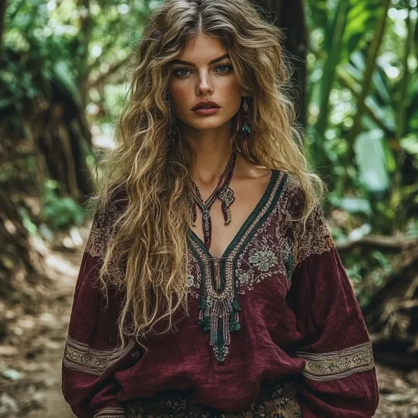 Vintage Embroidered Linen Blend V-neck Loose T-shirt