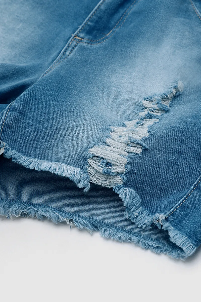 Wash Ripped Raw Hem High Waist Denim Shorts