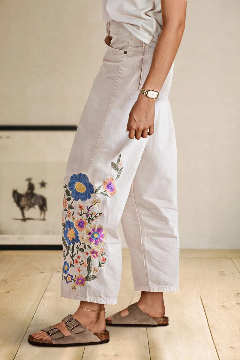 Floral Embroidery High Rise Straight Leg Crop Pants
