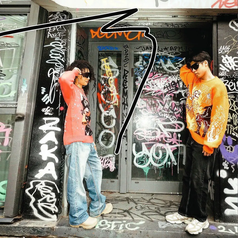 Couple Two Piece Orange and Yellow Sweater Renaissance Street Wear Fashion Printing Seasonal Trend Special Design