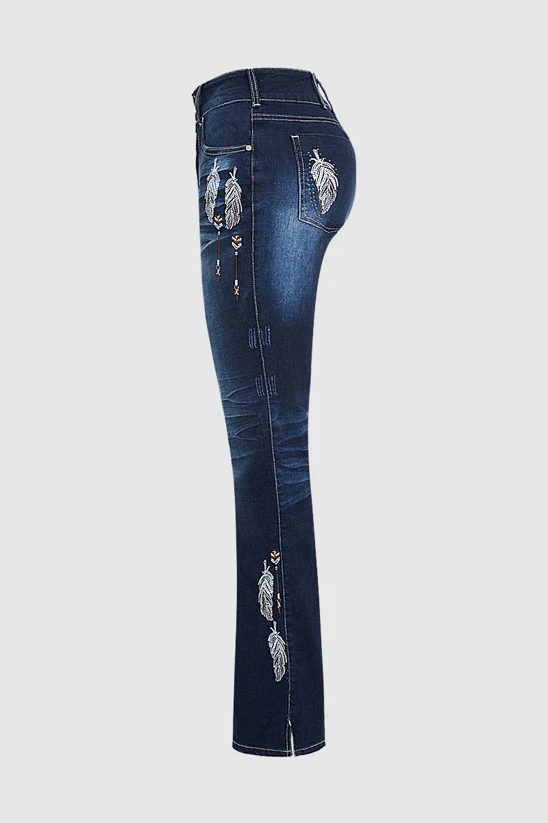 Feather Embroidery Split Hem Mid Waist Bootcut Jeans