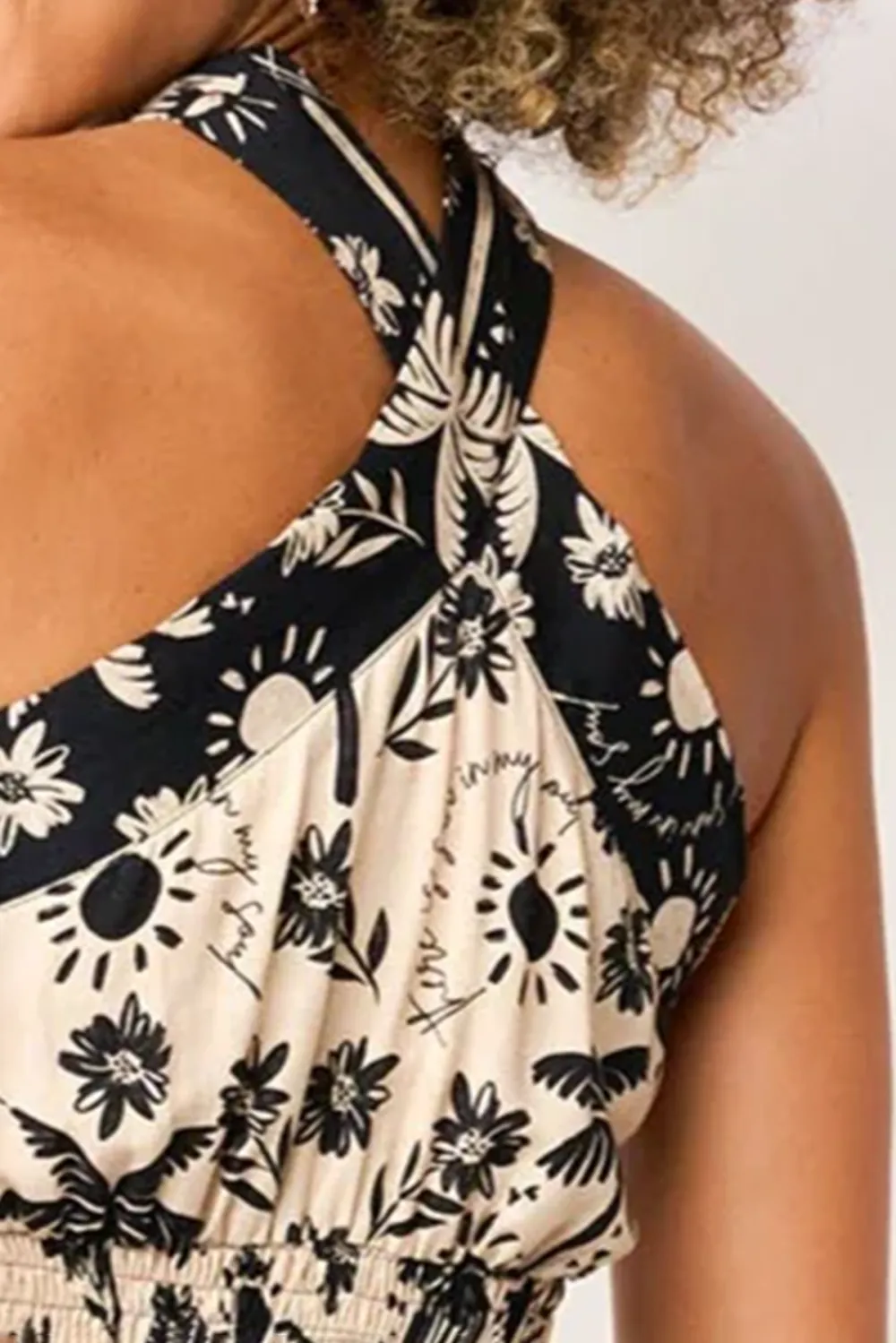 Beige And Black Tropical Print Halter Crop Top
