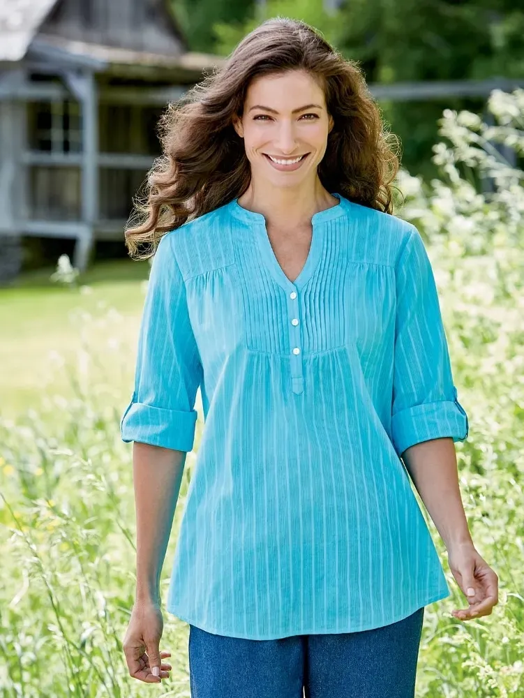 Perfect Pintuck Cotton Tunic With 3/4 Sleeves