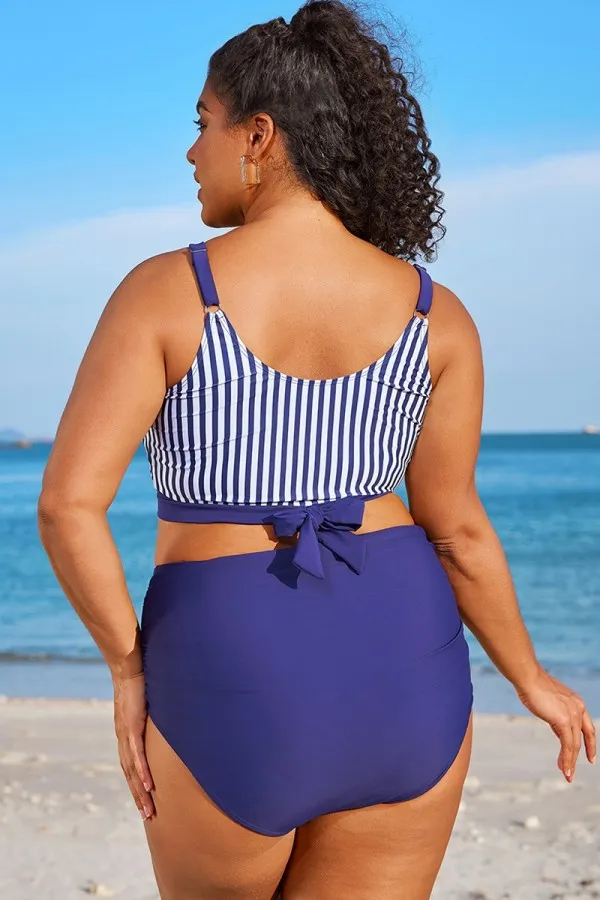 Plus Size Blue & White Striped Bikini Top