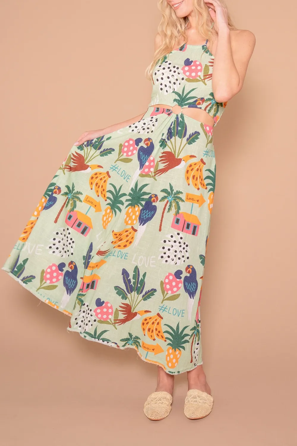 Green Tropical Print Belted Maxi Dress