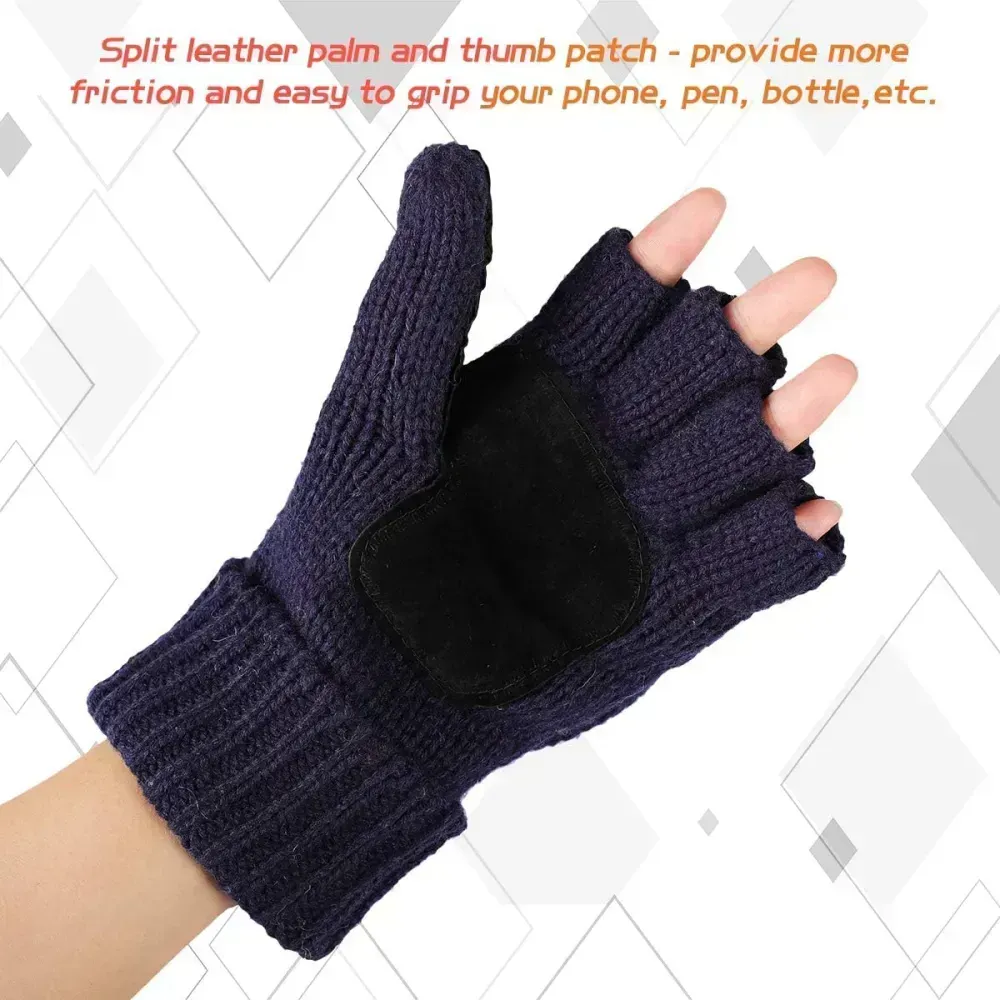Bodvera Thermal Insulation Fingerless Texting Wool Gloves for Women and Men Winter Warm Knitted Convertible Mittens Flap