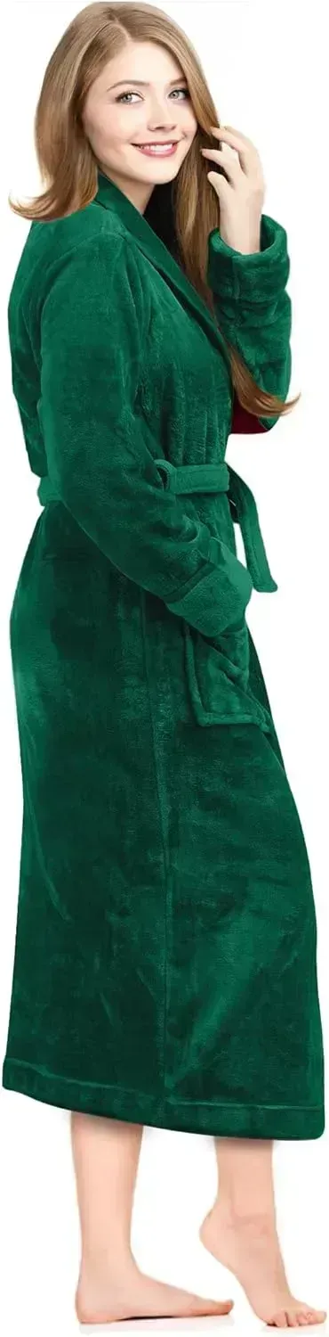 Women Fleece Shawl Collar Bathrobe - Plush Long Robe