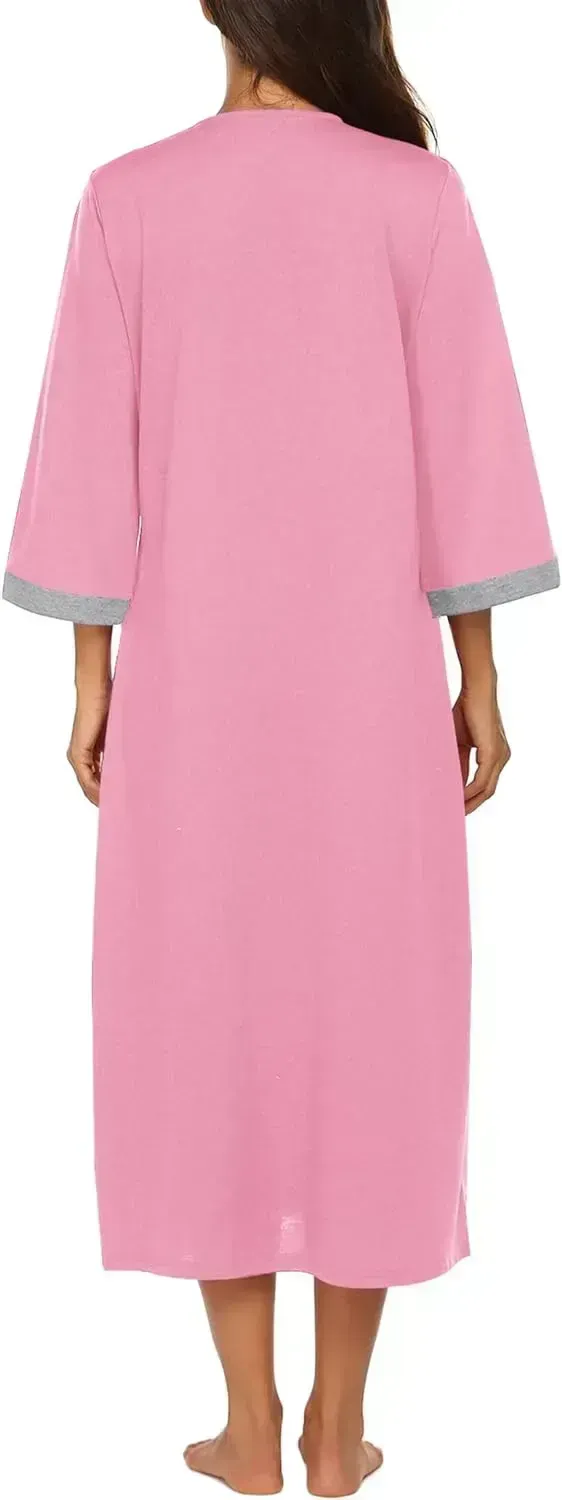 Women Zipper Robe 3/4 Sleeves Loungewear Dress Full Length Sleepwear Pockets Housecoat Nightgown Long Bathrobe