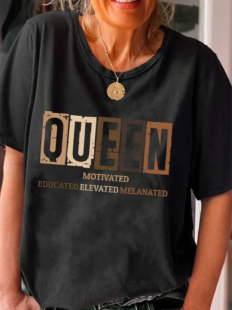 Women'S Queen Motivated Educated Elevated Melanated Round-Neck Short-Sleeved T-Shirt