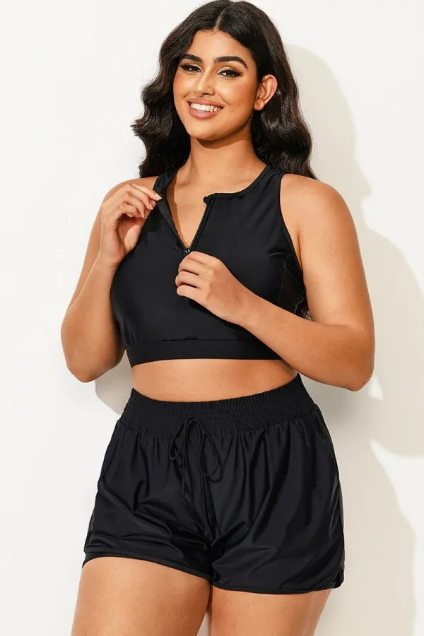 Plus Size Black Half Zip Crop Bikini Top