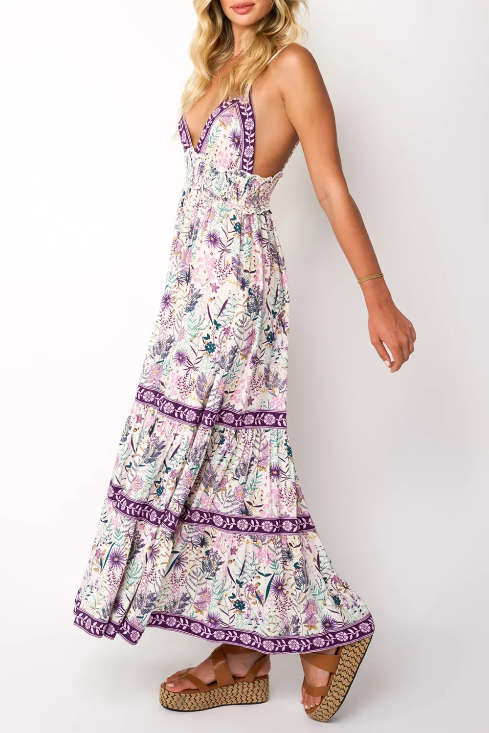 White And Purple Floral Print Maxi Dress