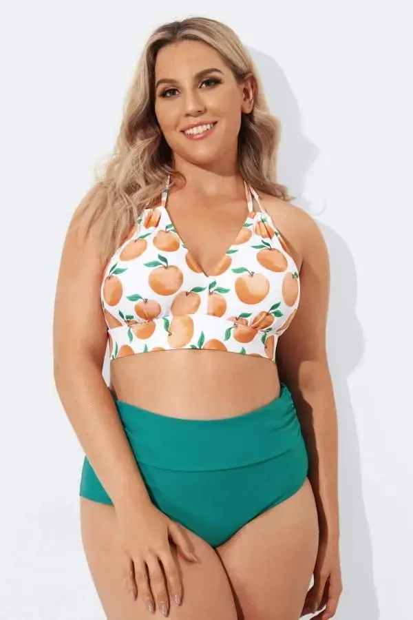 Fashion Fruit Print V-Neck Halter Bikini Set