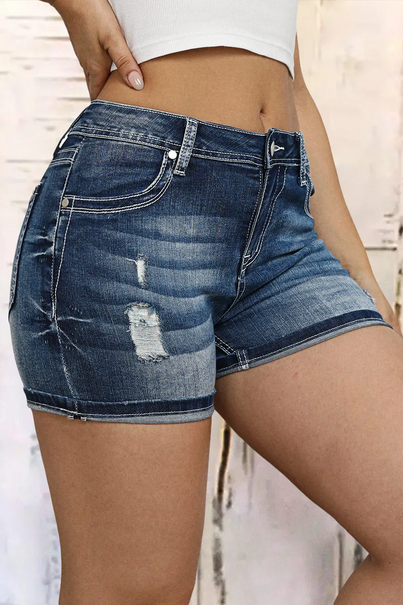 Wash Ripped Roll Hem Mid Rise Denim Shorts