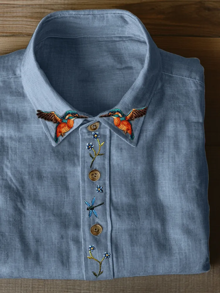 Cottage Humming Birds Floral Embroidered Linen Blend Blouse