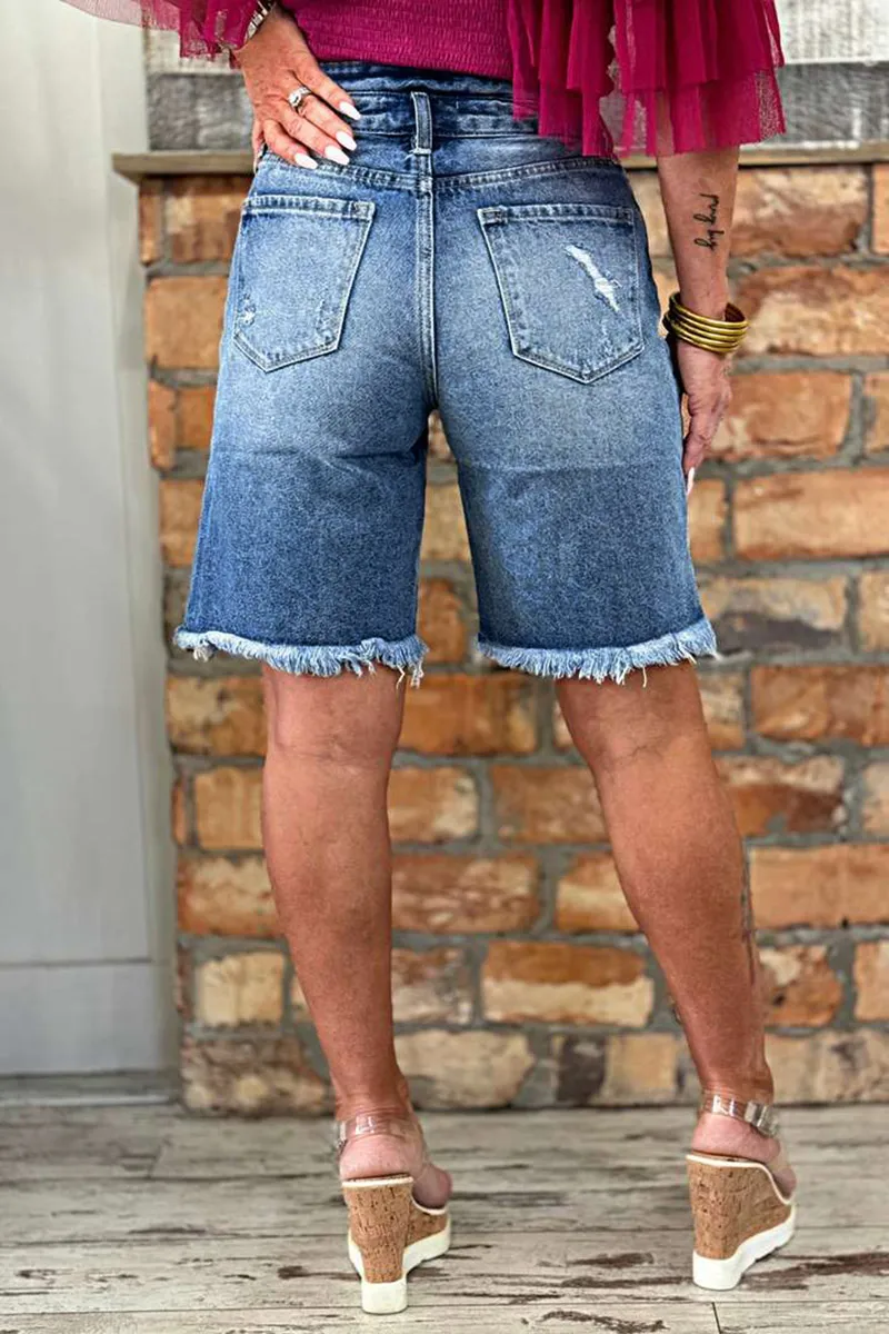 Raw Hem Ripped High Rise Bermuda Denim Shorts