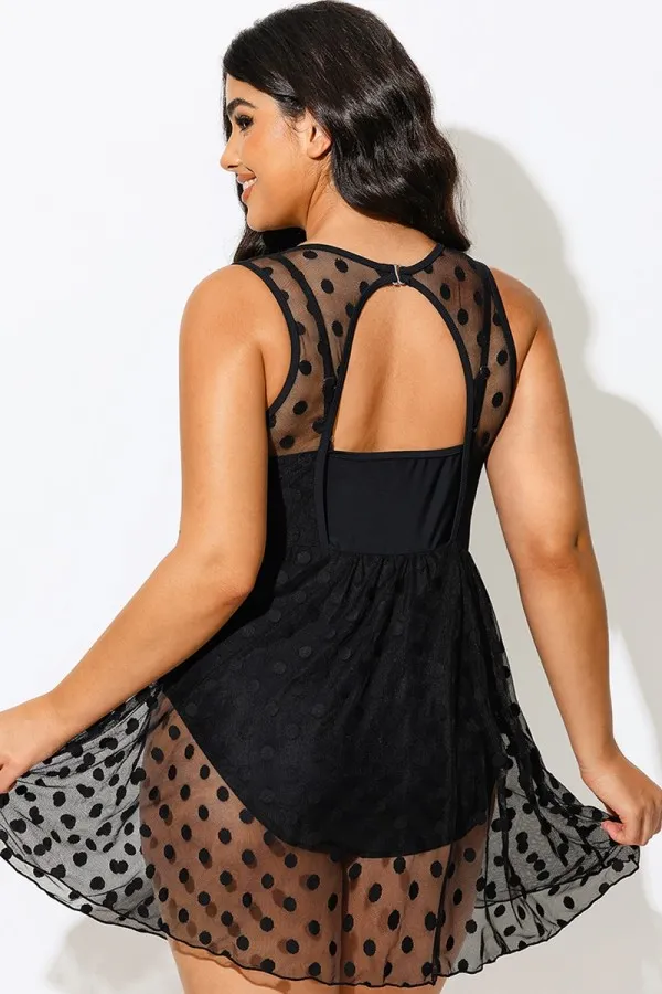 Black Dots Mesh Underwire Hook & Eye Closure One-piece Swimsuit