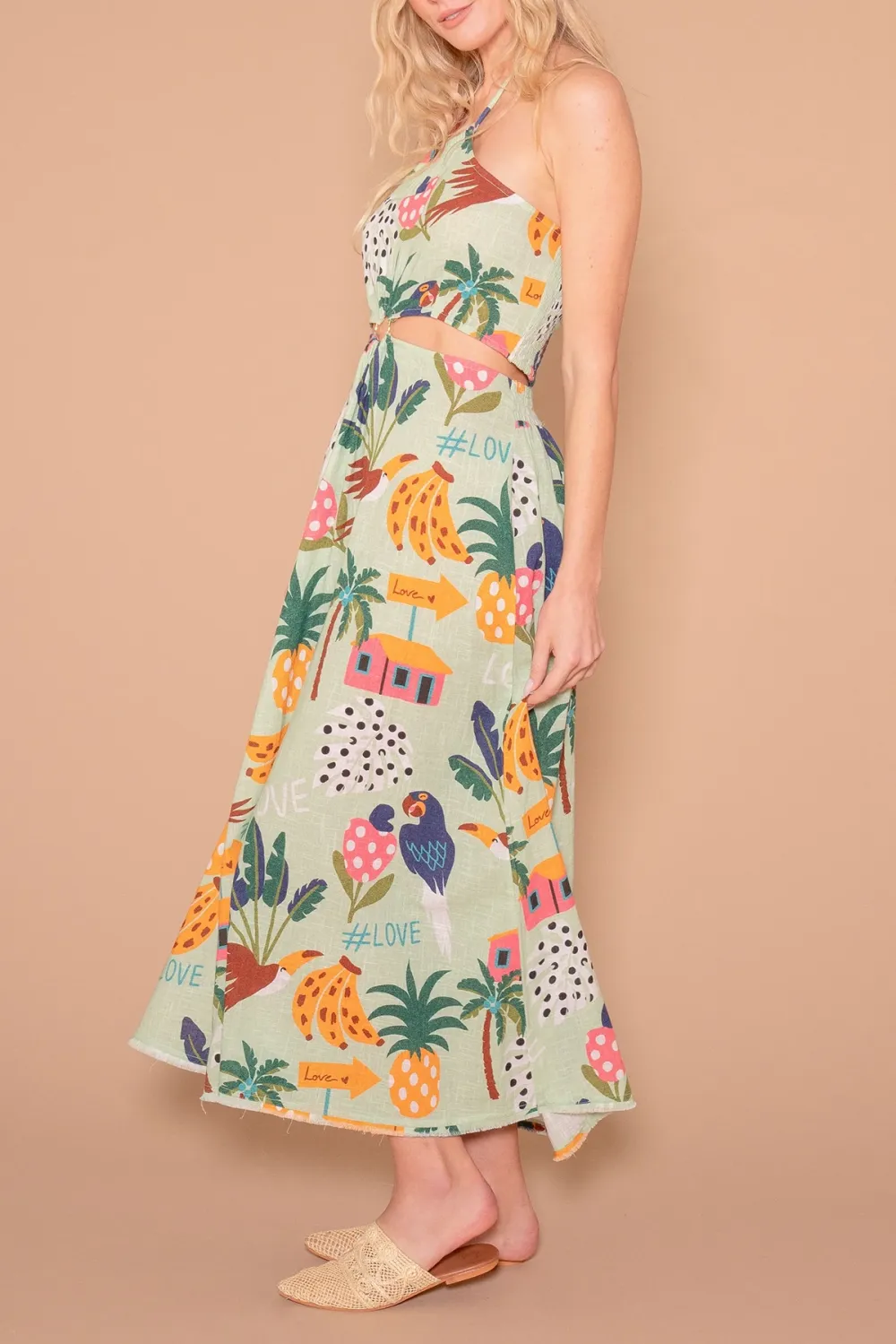 Green Tropical Print Belted Maxi Dress