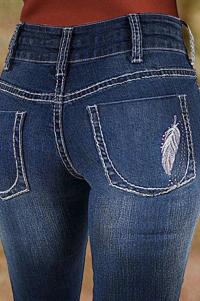Feather Embroidery Split Hem Mid Waist Bootcut Jeans