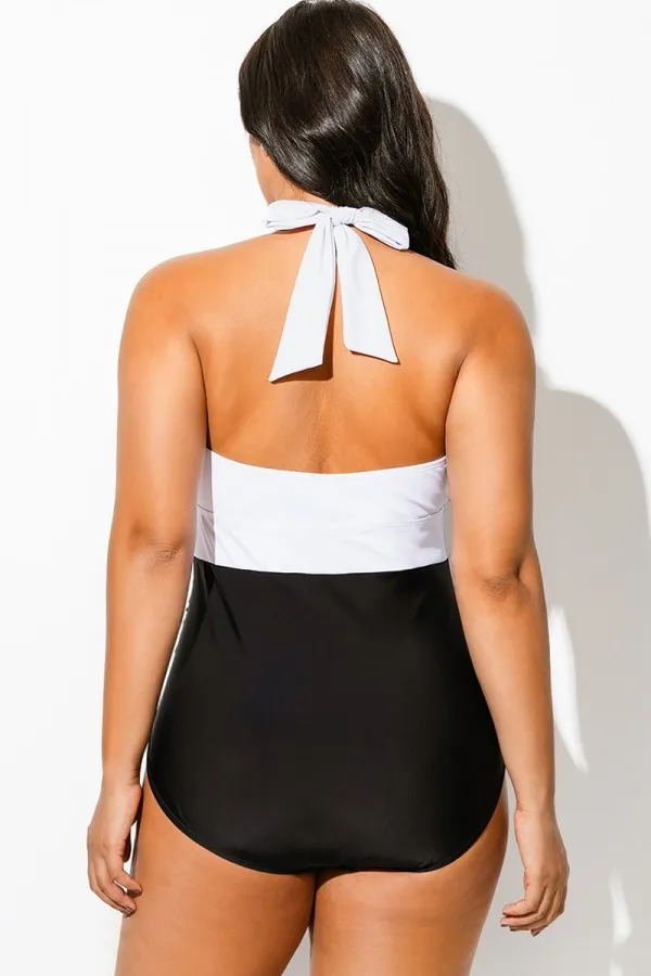 Black & White Colorblock Halter Backless One Piece Swimsuit