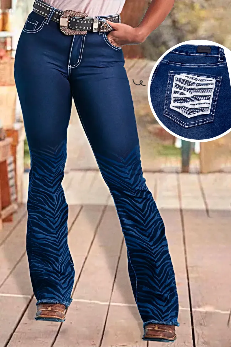 Zebra Striped Beaded Mid Waist Bootcut Jeans Without Belt