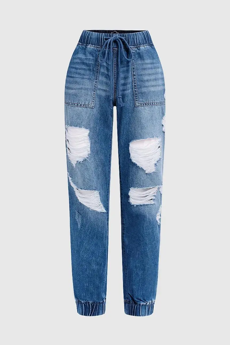 Cut Out Slant Pocket Drawstring Mid Rise Straight Leg Cropped Jeans