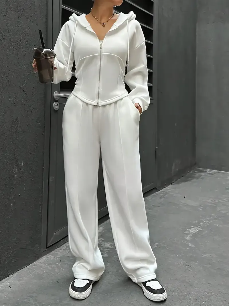[All Seasons Polyester Hooded Tracksuit] Women'S Elegant Solid Color Polyester Hooded Tracksuit Set with Drawstring and Zipper Details – Knit Fabric Pantsuit for All Seasons